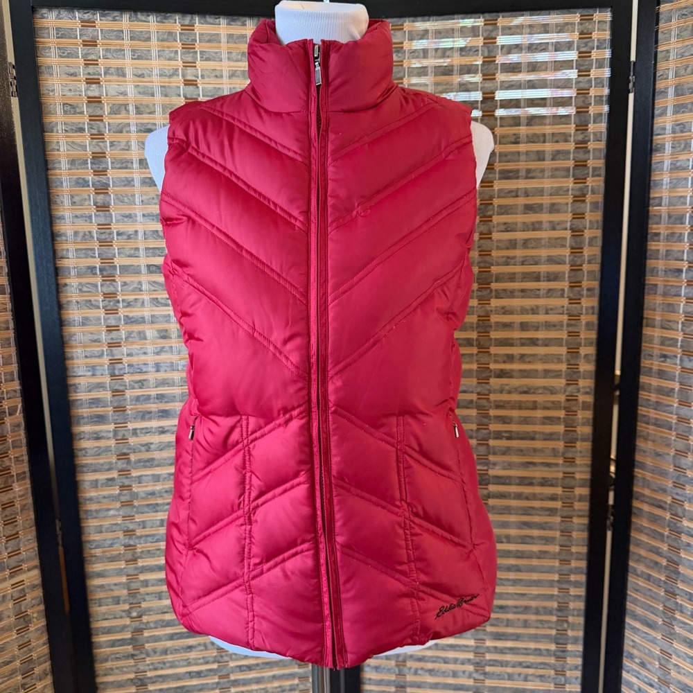 Eddie Bauer Puffer Vest Womens Small Red Premium Goose Down Quilted Full Zip